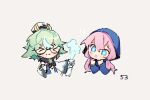  ! !! &gt;_&lt; 2girls :o ahoge arknights blue_brooch blue_eyes blue_jacket blue_poison_(arknights) blush chibi closed_mouth commentary cropped_torso dailybloopy english_commentary genshin_impact glasses green_hair grey_background hair_between_eyes hands_up hood hood_up hooded_jacket jacket long_hair long_sleeves low_twintails multiple_girls open_mouth pink_hair semi-rimless_eyewear short_hair simple_background sucrose_(genshin_impact) test_tube twintails upper_body white_headwear wide_sleeves 