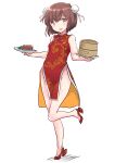  1girl bamboo_steamer breasts brown_eyes brown_hair bun_cover china_dress chinese_clothes double_bun dress food fuji_(pixiv24804665) full_body hair_bun high_heels highres kantai_collection leaf_print meat open_mouth plate red_dress rudder_footwear short_hair side_slit simple_background small_breasts solo standing standing_on_one_leg tan_yang_(kancolle) white_background yukikaze_(kancolle) 