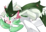  2girls absurdres animal_hands animal_nose arm_up between_legs blush bob_cut body_fur breath cat_girl colored_skin commentary_request constricted_pupils fingering flat_chest furry furry_female furry_with_non-furry gardevoir green_fur green_hair green_skin hair_over_one_eye half-closed_eyes hand_between_legs hand_on_another&#039;s_head heart highres interspecies licking looking_at_another lying m3_(gardevoir_m3) meowscarada multicolored_skin multiple_girls nose_blush on_back one_eye_covered open_mouth pawpads pokemon pokemon_(creature) raised_eyebrows red_eyes short_hair simple_background tongue tongue_out two-tone_fur two-tone_skin vaginal white_background white_skin wide-eyed yuri 