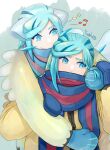  2boys aqua_eyes aqua_hair blue_mittens blue_scarf commentary_request eyelashes grusha_(pokemon) hands_up highres hug hug_from_behind jacket long_sleeves male_focus multiple_boys musical_note pokemon pokemon_(creature) pokemon_(game) pokemon_sv scarf scarf_over_mouth signature striped striped_scarf sweatdrop yellow_jacket yuu_(hguy_sv) 