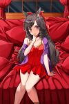  1girl absurdres alternate_costume animal_ears bed black_hair blush breasts collarbone commentary_request curtains daiichi_ruby_(umamusume) drill_hair hair_ornament highres horse_ears lingerie long_hair pillow purple_eyes sitting small_breasts solo tino_(k4zjy66ib1uzmqw) umamusume underwear window 