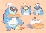  apron blue_scales bread cake cake_slice chef chef_hat closed_eyes cropped_legs dodogama dough flag food fruit full_body hat highres holding holding_tray monster_hunter:_world monster_hunter_(series) niconuki orange_background pastry smile spikes standing steam strawberry tail tray 
