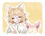  1girl animal_ear_fluff animal_ears blonde_hair blush closed_eyes crossover facing_viewer fox_ears green_ribbon highres kudamaki_tsukasa open_mouth pokemon pokemon_(creature) ribbon romper short_hair skitty smile springarashi02 touhou white_romper 