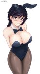  1girl animal_ears artist_name black_hair blue_eyes blush bow bowtie breasts cleavage closed_mouth cowboy_shot detached_collar dokkaebi_(rainbow_six_siege) english_commentary fake_animal_ears glasses highres imnotslackin large_breasts looking_at_viewer playboy_bunny rabbit_ears rainbow_six_siege simple_background solo white_background 