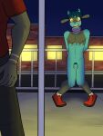  3:4 anthro biped blush bottomwear clothed clothed/nude clothed_male_nude_male clothing collar duo flaccid footwear fully_clothed fur fur_markings fuze generation_2_pokemon generation_4_pokemon genitals hi_res houndoom looking_at_another looking_at_partner male male/male markings nintendo nude outside pants penis petplay pokemon pokemon_(species) riolu roleplay shirt shocked shoes socks t-shirt topwear 