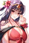  1girl bikini black_cape black_hair breasts cape circlet fire_emblem fire_emblem_awakening fire_emblem_heroes glowing glowing_hair hair_twirling highres long_hair looking_at_viewer medium_breasts official_alternate_costume parted_lips pink_nails red_bikini red_eyes satoimo_chika smile solo swimsuit tharja_(fire_emblem) tharja_(summer)_(fire_emblem) upper_body wrist_flower 