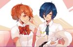  1boy 1girl blue_hair blue_ribbon bow bowtie brown_hair closed_eyes collared_shirt commentary dog dress_shirt earphones english_commentary gekkoukan_high_school_uniform hair_between_eyes koromaru_(persona) mizururu neck_ribbon persona persona_3 persona_3_portable ponytail red_bow red_bowtie red_eyes ribbon school_uniform shared_earphones shiomi_kotone shirt short_hair smile yuuki_makoto 