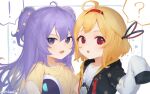  ! 2girls ? aged_down ahoge blonde_hair ckia_(kaela_kovalskia) commentary hair_ornament hairband highres hololive hololive_indonesia kaela_kovalskia long_hair looking_at_viewer moona_hoshinova multiple_girls open_mouth purple_eyes purple_hair red_eyes red_hairband shirt short_hair sleeves_past_fingers sleeves_past_wrists spoken_exclamation_mark spoken_question_mark star_(symbol) star_hair_ornament t-shirt twitter_username two_side_up upper_body v-shaped_eyebrows virtual_youtuber yellow_shirt zinkaa 