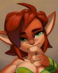  1girl absurdres alternate_breast_size bare_shoulders breasts brown_background cleavage commentary elora_(spyro) english_commentary fewer_digits furry furry_female green_eyes highres large_breasts medium_hair portrait red_fur red_hair solo spyro_(series) spyro_reignited_trilogy thehumancopier thinking two-tone_fur wristband 