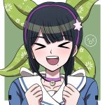  &gt;o&lt; 1girl :d bell border chabashira_tenko choker clenched_hands collarbone danganronpa_(series) danganronpa_v3:_killing_harmony green_background hands_up highres long_sleeves mole mole_under_mouth neck_bell pink_choker sailor_collar smile solo suiren_yurei teeth upper_teeth_only white_border white_sailor_collar 