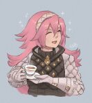  1girl closed_eyes cup fire_emblem fire_emblem_fates gambeson gloves hair_between_eyes hairband highres holding holding_cup holding_plate kaphrin long_hair long_sleeves open_mouth pink_hair plate soleil_(fire_emblem) solo tea teacup upper_body 