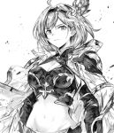 1girl ahoge breasts cleavage cleavage_cutout closed_mouth clothing_cutout coat coat_on_shoulders conqueror_of_the_eternals crop_top debris djeeta_(granblue_fantasy) elbow_gloves gloves granblue_fantasy greyscale hairband highres hooded_coat looking_at_viewer medium_breasts midriff monochrome monogrbl navel shirt short_hair sleeveless sleeveless_shirt solo upper_body 