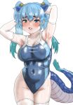  1girl absurdres animal_ears blue_eyes blue_hair blue_one-piece_swimsuit blush breasts cleavage competition_swimsuit covered_navel dragon_girl dragon_tail hair_between_eyes highleg highleg_swimsuit highres kemono_friends kemono_friends_3 kumasyan1998 large_breasts long_hair looking_at_viewer multicolored_hair one-piece_swimsuit open_mouth seiryuu_(kemono_friends) simple_background solo standing swimsuit tail twintails two-tone_swimsuit 