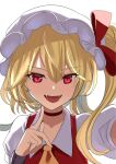  1girl :d amisu arm_up ascot fangs flandre_scarlet hair_between_eyes hand_up hat highres index_finger_raised looking_at_viewer mob_cap one_side_up open_mouth portrait red_eyes selfie simple_background smile solo tongue tongue_out touhou upper_body white_background wings yellow_ascot 