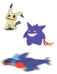  absurdres black_eyes bright_pupils choice_scarf colored_sclera commentary_request focus_sash garchomp gengar highres holding mimikyu mira_(miramita8727) motion_blur nervous_smile pink_sclera pokemon simple_background smile solid_oval_eyes sweat teeth white_background white_pupils z-crystal 