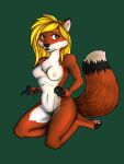  anthro black_nose blonde_hair breasts canid canine clothed clothing dipstick_tail female fingerless_(marking) fox foxene foxene_(character) fur green_background green_eyes hair hi_res mammal markings nipples orange_body orange_fur pawpads pink_pawpads simple_background solo tail tail_markings topless 