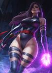  1girl blurry blurry_background breasts covered_nipples crotch detached_sleeves fingerless_gloves gloves glowing glowing_hand holding holding_sword holding_weapon katana kneehighs large_breasts legs_together long_hair looking_at_viewer marvel monori_rogue navel psylocke purple_eyes purple_hair purple_lips red_ribbon ribbon socks solo sword thick_thighs thighs weapon x-men 
