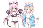  2girls absurdres ahoge animal_ears animal_hands bare_shoulders bell bikini bikini_skirt blue-tinted_eyewear blue_archive blue_eyes blue_jacket blush bow bow_panties bra cat_ears cat_lingerie cat_tail choker collarbone commentary cosplay costume_switch cowboy_shot crossed_bangs fake_animal_ears fake_tail fang flat_chest frilled_bikini frilled_bra frilled_choker frilled_panties frills gloves hair_between_eyes hair_bobbles hair_ornament hands_up heterochromia highres hoshino_(blue_archive) hoshino_(blue_archive)_(cosplay) jacket jingle_bell light_brown_hair long_sleeves low_twintails meme_attire multiple_girls navel onii-chan_wa_oshimai! open_mouth oyama_mahiro oyama_mahiro_(cosplay) panties parted_bangs paw_gloves pink_bow pink_hair pink_halo puffy_long_sleeves puffy_sleeves purple_bra purple_choker purple_tail sidelocks simple_background sleeve_cuffs spaghetti_strap sunglasses swimsuit tail tail_bell tail_ornament tinted_eyewear twintails underwear v white-framed_eyewear white_background white_bikini white_tail yellow_eyes yukki_bunny 