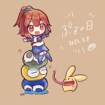  1girl arle_nadja armor blue_shirt blue_skirt blue_wristband brown_eyes brown_hair carbuncle_(puyopuyo) chibi date_pun dated kashima_miyako light_brown_background long_tongue madou_monogatari number_pun outstretched_arms ponytail puyo_(puyopuyo) puyopuyo shirt shoulder_armor single_shoulder_pad sitting skirt tearing_up tongue translation_request vest white_vest 