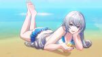  1girl bare_arms bare_legs bare_shoulders barefoot beach bikini breasts bronya_rand cleavage drill_hair frilled_bikini frills grey_eyes grey_hair highres holding honkai:_star_rail honkai_(series) legs_up long_hair looking_at_viewer lying medium_breasts on_stomach open_mouth smile soles solo string_bikini swimsuit the_pose toes twin_drills very_long_hair water white_bikini xiao_yang_sheep 