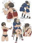  2girls bike_shorts_under_skirt blue_eyes blue_serafuku brown_eyes collage couple crossed_legs eye_contact full_body gym_uniform height_difference highres hug hug_from_behind kiss looking_at_another m_k multiple_girls original pantyhose red_sports_bra school_uniform serafuku sitting sitting_on_lap sitting_on_person socks sports_bra sportswear sweat tall_female tomboy yuri 