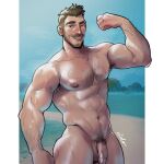 1boy :p abs bara beach beard_stubble biceps completely_nude coral_island derek_(coral_island) eido_art flaccid flexing highres large_pectorals looking_at_viewer male_focus male_pubic_hair mature_male muscular muscular_male navel navel_hair nipples nude ocean pectorals pubic_hair sand short_hair solo sparse_arm_hair sparse_chest_hair stomach thick_eyebrows thick_thighs thighs tongue tongue_out uncensored 
