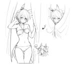  2girls alternate_costume animal_ears bikini blush breasts collarbone curtains daiichi_ruby_(umamusume) groin hair_between_eyes hair_ornament heart highres horse_ears horse_tail k.s.miracle_(umamusume) looking_at_viewer monochrome multiple_girls navel saramiao-chan short_hair small_breasts smile spoken_heart swimsuit tail umamusume 