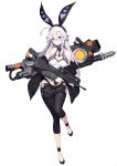  1girl bare_shoulders blue_eyes breasts character_request counter:side full_body gun hair_ornament high_heels highres holding holding_gun holding_weapon long_hair official_art rabbit_hair_ornament smile solo tachi-e transparent_background weapon white_hair 