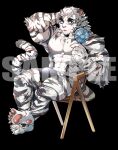  1boy abs acrylic_stand animal_ears arknights armpit_hair armpit_peek bara black_background black_male_swimwear blue_eyes bulge chair electric_fan facial_hair feet full_body furry furry_male goatee hand_fan highres holding holding_fan large_pectorals male_focus male_swimwear mature_male mountain_(arknights) muscular muscular_male navel nipples pectorals ppyong sample_watermark scar scar_across_eye scar_on_arm scratching_head short_hair sitting soles solo stomach summer sweat swim_briefs tail tail_raised thick_eyebrows thighs tiger_boy tiger_ears tiger_tail toes tongue tongue_out topless_male very_sweaty white_hair 