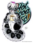  2019 anthro beverage black_body black_fur blue_eyes candy chocolate container cup dessert english_text felid food fur grey_body grey_fur hair hot_chocolate inner_ear_fluff looking_at_viewer male mammal michele_light multicolored_hair pantherine pink_hair sign smile snow_leopard snowflake_pattern solo steam text tuft two_tone_hair white_body white_fur white_hair 