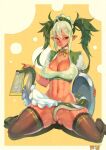  1girl abs ahoge apron artist_name ass_visible_through_thighs black_thighhighs blush bow breasts cleavage cleavage_cutout clothing_cutout collar covered_nipples dark-skinned_female dark_skin dated echidna_(queen&#039;s_blade) elf embarrassed f.s. furrowed_brow green_footwear grey_hair hair_between_eyes hand_up highres holding holding_tray juliet_sleeves keltan lace-trimmed_legwear lace_trim large_breasts long_hair long_sleeves looking_at_viewer looking_to_the_side maid maid_headdress menu midriff multicolored_hair muscular muscular_female navel parted_lips pointy_ears puffy_sleeves queen&#039;s_blade red_eyes short_sleeves sidelocks signature simple_background sitting snake solo sweat thighhighs thighs tray twintails two-tone_hair unconventional_maid veteran_mercenary_echidna wariza white_apron yellow_background yellow_bow 