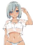  1girl bikini blue_eyes breasts cleavage commentary_request fumikiri grey_hair hair_ornament hairclip hamakaze_(kancolle) highres kantai_collection large_breasts looking_at_viewer shirt short_hair simple_background solo swimsuit white_background white_bikini white_shirt 