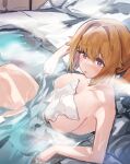  1girl aningay bathing breasts brown_hair commentary_request covering girls&#039;_frontline grizzly_mkv_(girls&#039;_frontline) hair_intakes highres korean_commentary large_breasts looking_at_viewer medium_hair nude nude_cover onsen partially_submerged purple_eyes rock sitting solo steam towel water 