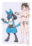  1girl absurdres animal_ears arm_ribbon armpit_crease ass_visible_through_thighs bandaged_arm bandaged_leg bandages baozi bare_shoulders barefoot bikini black_hair blue_fur blush body_blush body_fur breasts chinese_clothes cleavage closed_mouth collarbone commission digitigrade double_bun dumbbell eggman_(pixiv28975023) exercise firecrackers food front-tie_bikini_top front-tie_top groin hair_bun hair_ornament highres holding large_breasts lucario meimei_(senran_kagura) multicolored_fur navel orange_eyes pokemon pokemon_(creature) purple_background purple_ribbon red_eyes ribbon senran_kagura senran_kagura_new_wave shiny_skin short_hair side-tie_bikini_bottom simple_background skeb_commission snout solo spikes standing stomach sweat swimsuit tail weightlifting weights white_bikini yellow_fur yellow_ribbon 