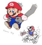  1boy blue_eyes blue_overalls english_text facial_hair gloves hat highres lifting_person mario mario_(series) mustache overalls red_headwear sound_effects super_mario_rpg white_background white_gloves 