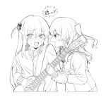  2girls @_@ blush bocchi_the_rock! cube_hair_ornament electric_guitar flustered from_side gibson_les_paul gotoh_hitori guitar hair_ornament highres holding holding_instrument implied_yuri instrument kita_ikuyo lineart moga_(ponco_gris) monochrome multiple_girls open_mouth side_ahoge sweatdrop upper_body 