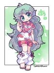  1girl barefoot blush buttons closed_mouth cloud_print collared_shirt green_eyes green_hair harunori_(hrnrx) highres horns kariyushi_shirt komano_aunn leg_warmers long_hair red_shirt shirt short_sleeves shorts single_horn smile solo touhou twitter_username white_shorts 