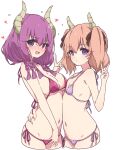  2girls @_@ aura_(sousou_no_frieren) bikini blue_eyes blush braid breasts cleavage demon_girl demon_horns embarrassed hair_between_eyes hair_ribbon heart highres horns large_breasts linie_(sousou_no_frieren) long_hair looking_at_viewer mel_(melty_pot) multiple_girls navel open_mouth purple_bikini purple_eyes purple_hair red_bikini ribbon side-tie_bikini_bottom simple_background small_breasts sousou_no_frieren string_bikini swimsuit tears twintails v white_background 