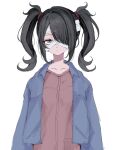 1girl ame-chan_(needy_girl_overdose) bandage_over_one_eye bandaged_head bandages black_hair blue_jacket cosplay expressionless grey_eyes hair_ornament hair_over_one_eye highres jacket looking_at_viewer medium_hair needy_girl_overdose oota_kanako oota_kanako_(cosplay) open_clothes open_jacket shizuku_(game) simple_background sketch solo twintails upper_body white_background x_hair_ornament yuyuyuyhz 