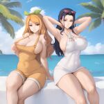 2girls armpits arms_behind_head artist_name beach black_hair blonde_hair breasts brown_eyes collarbone commentary commentary_typo covered_navel dress expressionless eyewear_on_head flowerxl green_ribbon grey_eyes hair_ribbon large_breasts long_hair looking_at_viewer multiple_girls nami_(one_piece) nico_robin ocean one_piece outdoors palm_tree parted_bangs parted_lips ribbon shoulder_tattoo sideboob sitting sleeveless sleeveless_dress sunlight suspenders swept_bangs swimsuit tattoo thick_thighs thighs tight_clothes tight_dress tree white_dress 