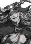  1boy absurdres bow bowtie cape clown curly_hair demon_boy fate/grand_order fate_(series) fur-trimmed_cape fur_trim greyscale hat headpiece highres long_hair looking_at_viewer loveyama makeup male_focus mephistopheles_(fate) monochrome pectorals simple_background smile solo teardrop white_background 