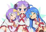  3girls annoyed blue_hair bow hair_between_eyes hair_bow highres hiiragi_kagami hiiragi_tsukasa izumi_konata lucky_star mole mole_under_eye multiple_girls puppet_art purple_eyes purple_hair red_sailor_collar red_skirt sailor_collar school_uniform skirt sleeping yellow_bow 