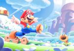  artist_name blue_eyes blue_overalls blue_sky facial_hair fence gloves grass hat highres jumping maribouoekaki mario mario_(series) mustache open_mouth outdoors overalls red_headwear red_shirt shirt short_hair sky super_mario_bros._wonder watermark white_gloves wooden_fence 