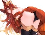  1girl animal_ears anthuria ass black_panties black_thighhighs commentary dress erune from_behind granblue_fantasy hair_ornament highres kneeling koretsuki_azuma long_hair looking_at_viewer looking_back open_mouth panties red_dress red_eyes red_hair simple_background solo thighhighs underwear white_background 