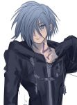  1boy black_coat black_coat_(kingdom_hearts) black_gloves blue_eyes blue_hair body_writing clothes_pull coat drawstring gloves hair_over_one_eye hood hooded_coat kingdom_hearts light_smile male_focus nishinsobha roman_numeral short_hair simple_background smile solo tattoo white_background zexion zipper 