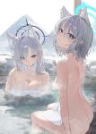  2girls absurdres animal_ears blue_archive blue_eyes blue_halo breasts completely_nude dark_halo dual_persona extra_ears grey_hair halo highres large_breasts long_hair may.l medium_breasts medium_hair multiple_girls nude onsen partially_submerged shiroko_(blue_archive) shiroko_terror_(blue_archive) sitting steam water wolf_ears 