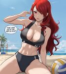  1girl arm_support arm_up beach beach_volleyball bikini black_bikini blue_sky breasts collarbone english_commentary english_text hair_over_one_eye highres kirijou_mitsuru large_breasts lepypepy long_hair navel outdoors palm_tree parted_lips patreon_username persona persona_3 red_eyes sky solo speech_bubble sports_bikini swimsuit thighs tree volleyball_net wavy_hair 