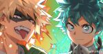  2boys absurdres adam&#039;s_apple alternate_eye_color aqua_background aqua_eyes aqua_hair bakugou_katsuki black_mask blonde_hair boku_no_hero_academia bright_pupils chinese_commentary chromatic_aberration closed_mouth diffraction_spikes electricity explosion eye_mask freckles furrowed_brow gloves gradient_background green_gloves hand_up headgear highres looking_at_viewer looking_to_the_side male_focus mask mask_around_neck midoriya_izuku mouth_mask multicolored_background multiple_boys narrowed_eyes open_mouth orange_eyes orange_gloves pointing pointing_at_self portrait sanpaku short_hair side-by-side sideways_glance smile sparkle spiked_hair split_mouth tongue tongue_out two-tone_gloves v-shaped_eyebrows weibo_logo weibo_username white_pupils yellow_background ykkiyo 