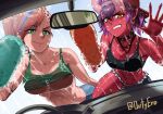  abs asura_(dirtyero) baseball_cap breast_squish breasts car_wash clothing collar demon dirtyero duo eyebrow_scar female first_person_view green_eyes hair hat headgear headwear hi_res horn human humanoid jewelry mammal pink_hair red_body red_hair red_skin slim small_breasts soap sponge squish window 