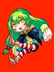  1girl :d aygoftenover black_shorts chibi fang green_hair hair_between_eyes hair_ornament highres jester kfufu_(shy) long_hair long_sleeves open_mouth orange_eyes red_background red_thighhighs shoes shorts shy_(series) simple_background sleeves_past_fingers sleeves_past_wrists smile solo striped striped_thighhighs thighhighs white_thighhighs 